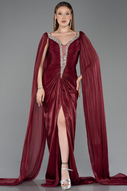Robe de Soirée Longue Mousseline Rouge Bordeaux ABU5868