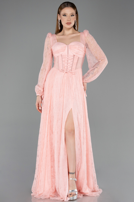 Robe De Soirée Dantelle Longue Saumon ABU5797
