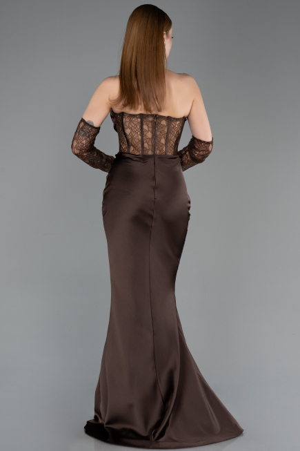 Robe Queue de Poisson Longue Satin Brun ABU5888