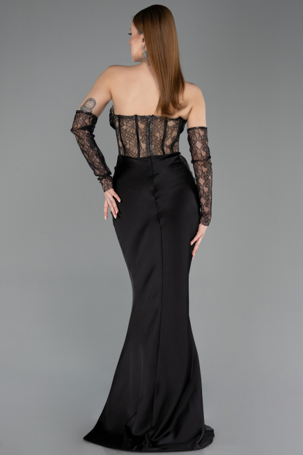 Robe Queue de Poisson Longue Satin Noir ABU5888
