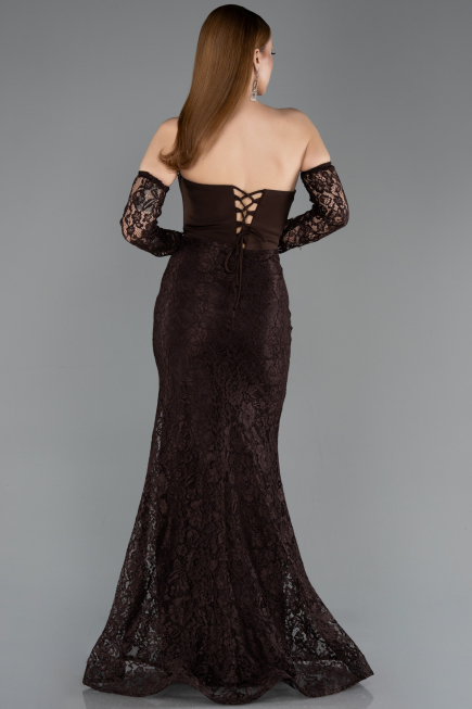 Robe de Soirée Longue Dantelle Brun ABU5892
