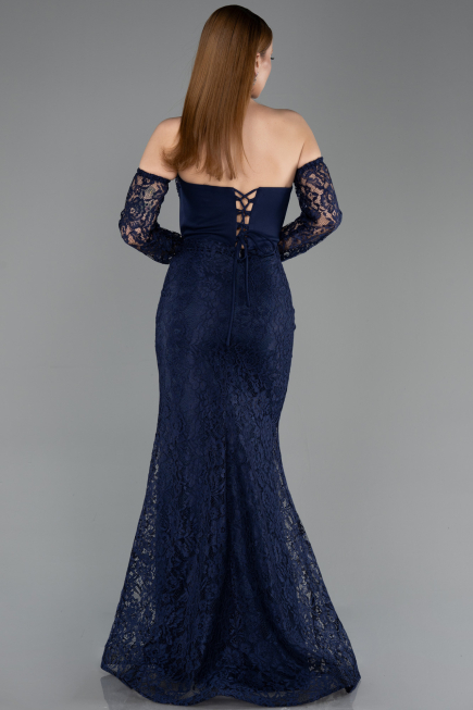 Robe de Soirée Longue Dantelle Bleu Marine ABU5892