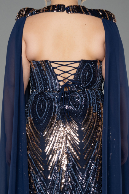 Robe De Soirée Grande Taille Longue Squameuse Bleu Marine ABU5830