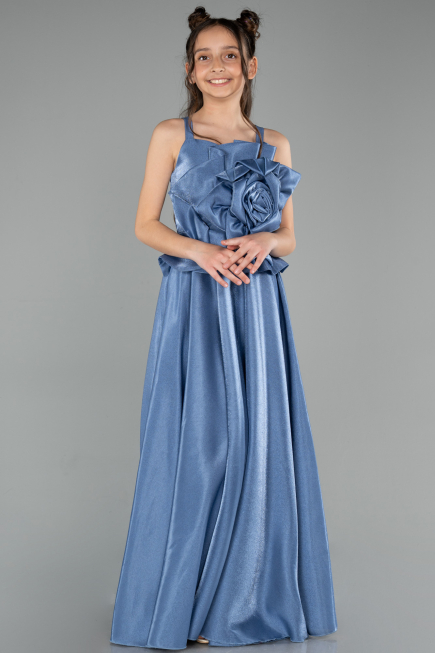 Robe de Soirée Enfants Longue Satin Indigo ABU4831