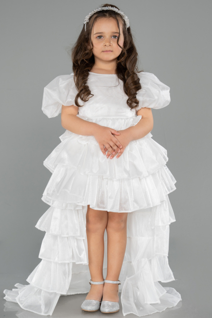 Robe de Soirée Enfants Devant Court Dos Long Satin Blanc ABO131