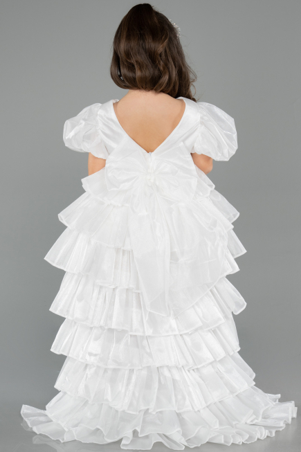 Robe de Soirée Enfants Devant Court Dos Long Satin Blanc ABO131