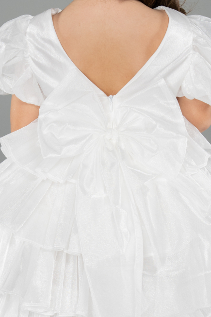 Robe de Soirée Enfants Devant Court Dos Long Satin Blanc ABO131
