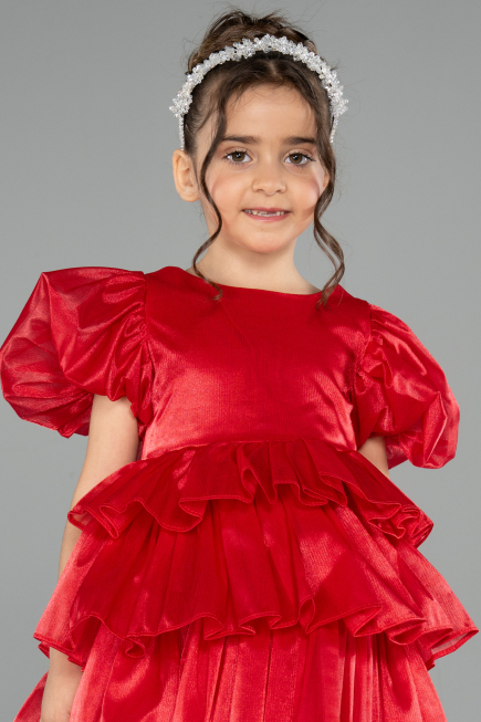 Robe de Soirée Enfants Devant Court Dos Long Satin Rouge ABO131