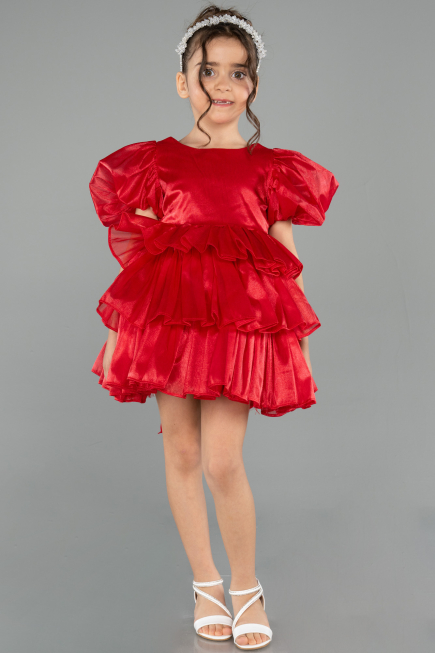 Robe de Soirée Enfants Devant Court Dos Long Satin Rouge ABO131