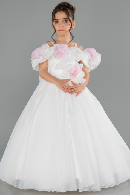 Robe de Mariage Pour Enfant Longue Satin Blanc ABG182