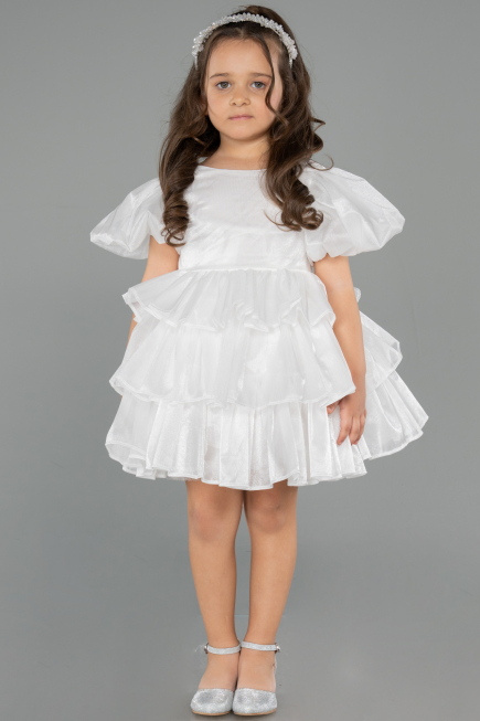 Robe de Soirée Enfants Devant Court Dos Long Satin Blanc ABO131