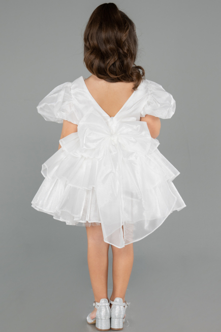 Robe de Soirée Enfants Devant Court Dos Long Satin Blanc ABO131