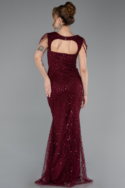 Robe de Soirée Longue Perlé Rouge Bordeaux ABU5914