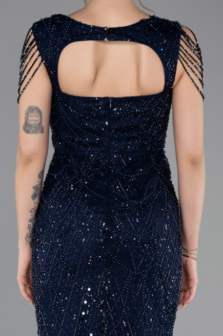 Robe de Soirée Longue Perlé Bleu Marine ABU5914