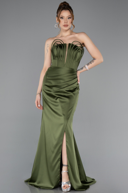 Robe de Soirée Longue Satin Kaki ABU5923