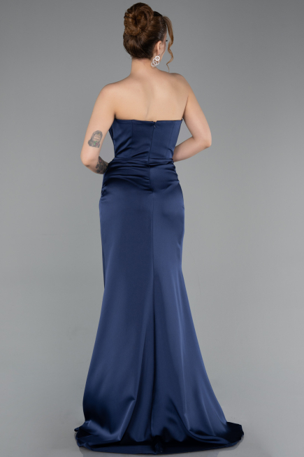 Robe de Soirée Longue Satin Bleu Marine ABU5923
