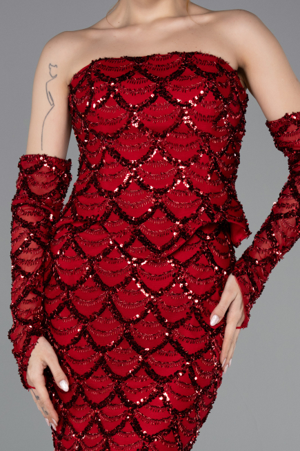 Robe de Soirée Longue Squameuse Rouge Bordeaux ABU5916