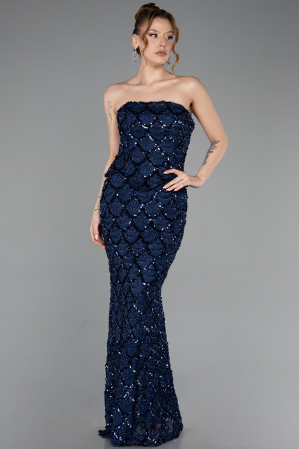 Robe de Soirée Longue Squameuse Bleu Marine ABU5916
