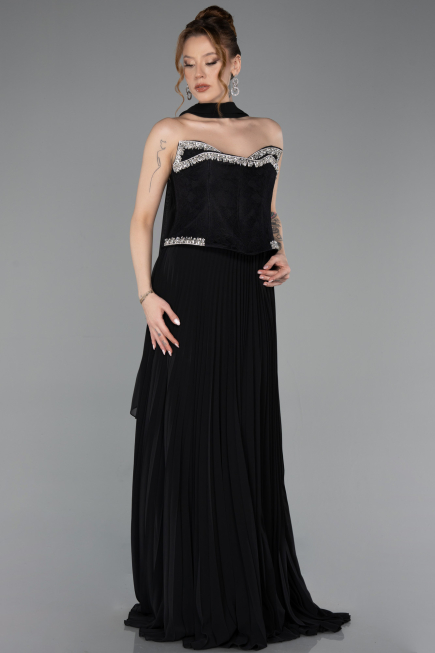 Robe de Soirée Longue Mousseline Noir ABU5917