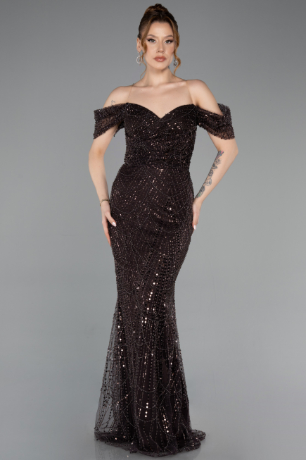 Robe De Soirée Perlé Longue Brun ABU5557