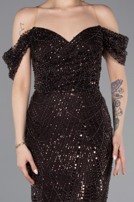 Robe De Soirée Perlé Longue Brun ABU5557