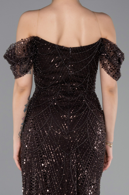 Robe De Soirée Perlé Longue Brun ABU5557
