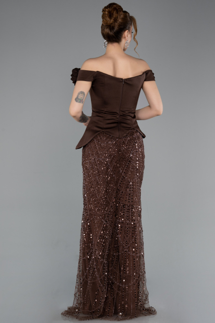 Robe De Soirée Perlé Longue Brun ABU5616