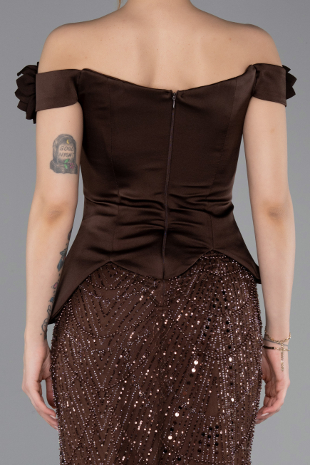 Robe De Soirée Perlé Longue Brun ABU5616