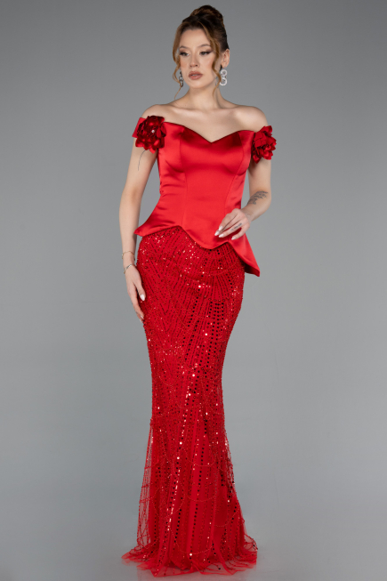 Robe De Soirée Perlé Longue Rouge ABU5616
