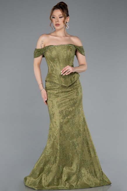 Robe de Soirée Longue Dantelle Kaki ABU5609