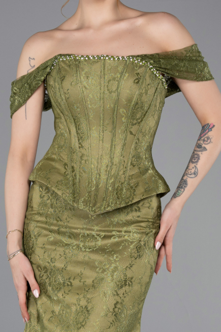 Robe de Soirée Longue Dantelle Kaki ABU5609