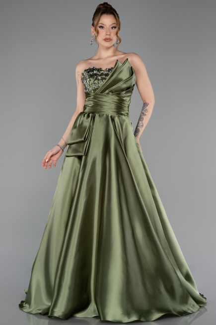 Robe de Soirée Longue Satin Kaki ABU5767