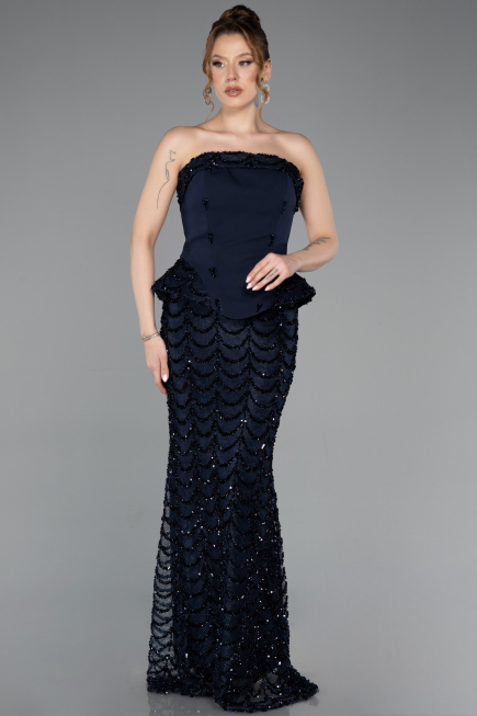 Robe de Soirée Longue Squameuse Bleu Marine ABU5919