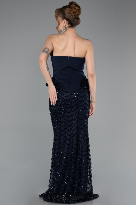 Robe de Soirée Longue Squameuse Bleu Marine ABU5919