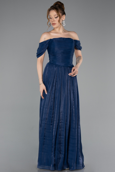 Robe de Soirée Longue Mousseline Bleu Marine ABU5920