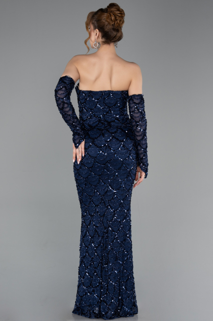 Robe de Soirée Longue Squameuse Bleu Marine ABU5916