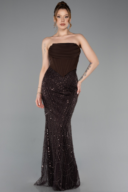 Robe de Soirée Longue Perlé Brun ABU5922
