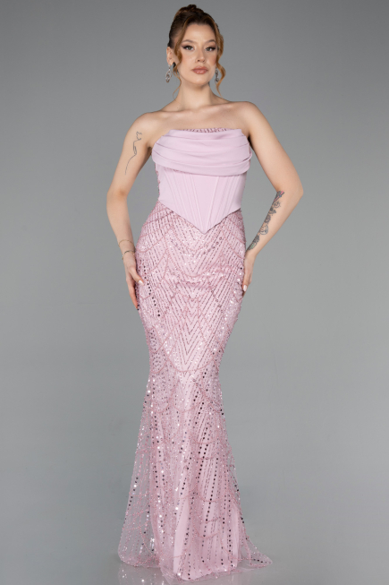Robe de Soirée Longue Perlé Poudre ABU5922
