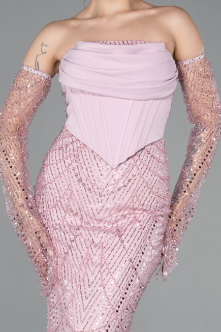Robe de Soirée Longue Perlé Poudre ABU5922