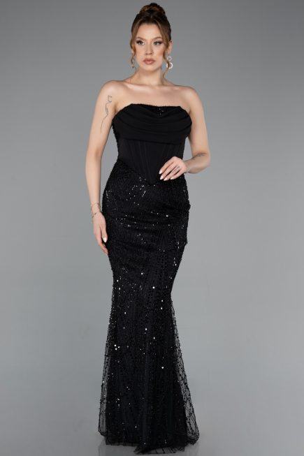 Robe de Soirée Longue Perlé Noir ABU5922