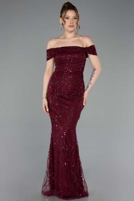 Robe de Soirée Longue Perlé Rouge Bordeaux ABU5915