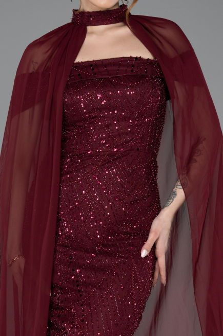 Robe de Soirée Longue Perlé Rouge Bordeaux ABU5915