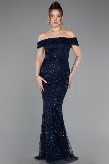 Robe de Soirée Longue Perlé Bleu Marine ABU5915