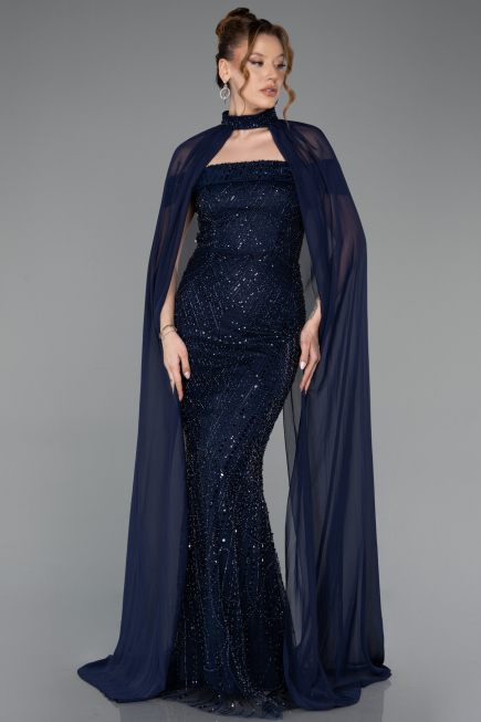 Robe de Soirée Longue Perlé Bleu Marine ABU5915