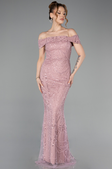 Robe de Soirée Longue Perlé Poudre ABU5915
