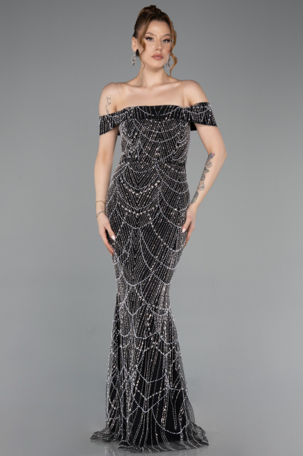 Robe de Soirée Longue Perlé Noir ABU5915