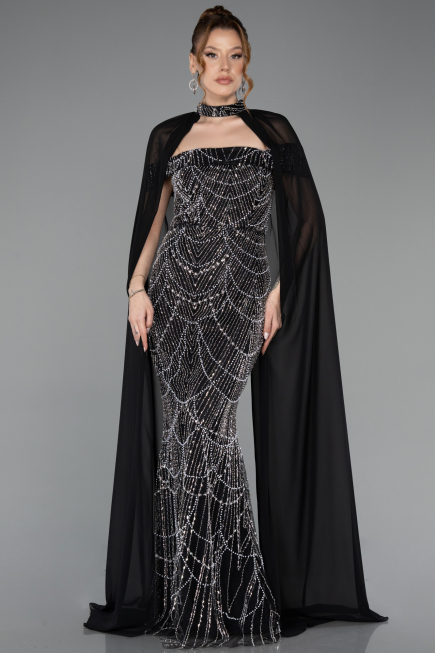 Robe de Soirée Longue Perlé Noir ABU5915