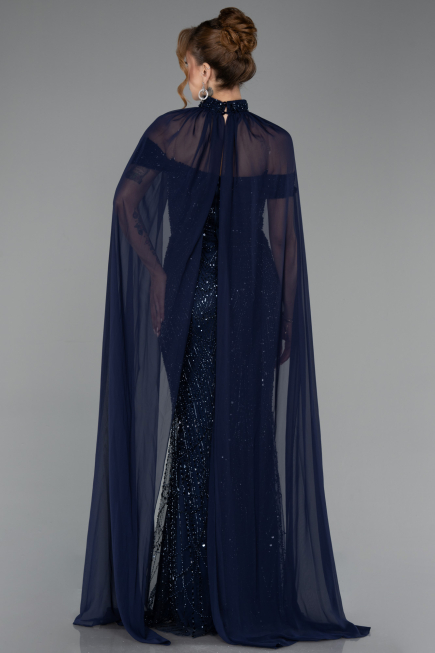 Robe de Soirée Longue Perlé Bleu Marine ABU5915