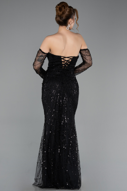 Robe de Soirée Longue Perlé Noir ABU5922