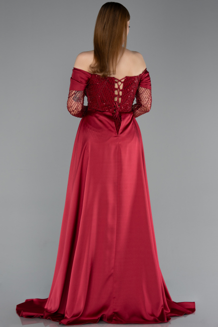 Robe de Soirée Longue Perlé Rouge Bordeaux ABU5934